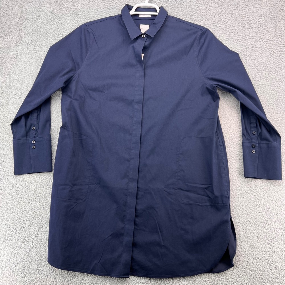 Chico's Maxi Pocket Tunic Women 3 16 Navy Blue No Iron Stretch Long Sleeve Shirt